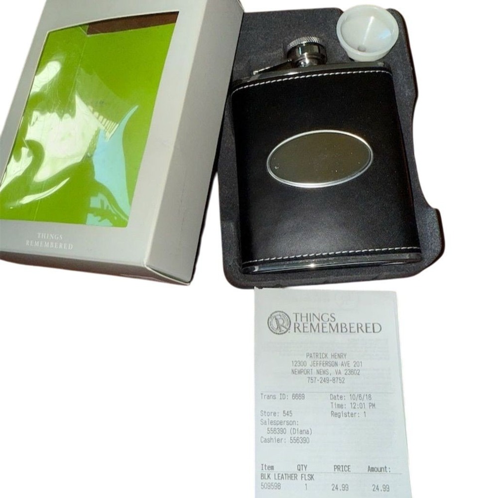 Things Remembered 6 oz Black Leather Stainless Steel Hip Flask Gift Box new